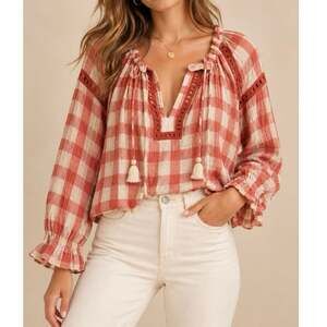 Free People Honey Grove Gingham Plaid Boho Peasant Top Blouse Tassel Tie Cotton